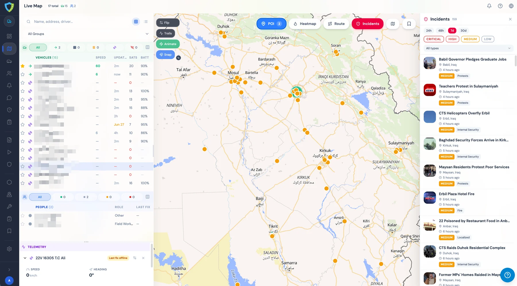 Trackizy live map — vehicles, field staff and live incident intelligence across Iraq